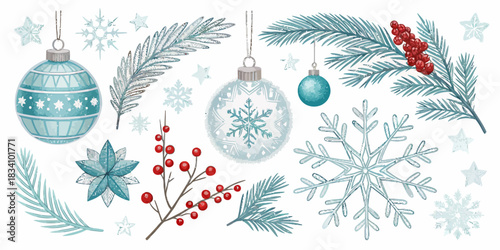 An Arctic ice Christmas vector elements pack featuring snow-covered landscapes, icy decorations, polar motifs, snowflakes, and winter holiday details in a cool, crisp style.