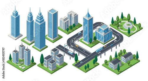 Modern urban cityscape with isometric skyscrapers and green spaces