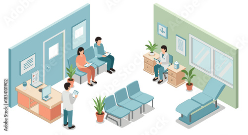 Modern isometric medical clinic waiting room with patients and doctor