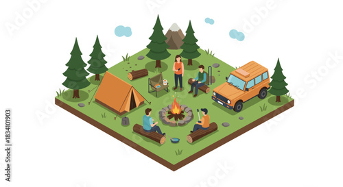 Outdoor adventure scene with campfire and tent in isometric design