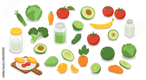 Fresh and colorful array of vegetables and fruits in isometric style