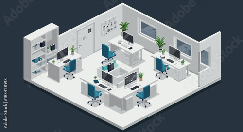 Modern isometric office design with desks and computers in bright workspace