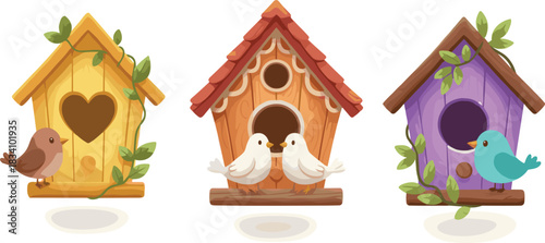 Colorful cartoon birdhouses with perched birds and vines, decorative garden icons, flat style design, isolated on white background