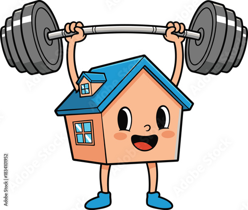 Strong house lifting weights, fitness home concept, cartoon building character, resilient property, gym metaphor, healthy lifestyle, animated architecture, flat vector illustration
