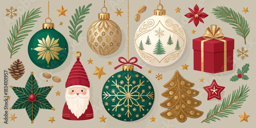 An elegant Christmas vector pack showcasing ornaments, stars, wreaths, pine branches, and festive decorative elements in a classy, modern, and cozy style.
