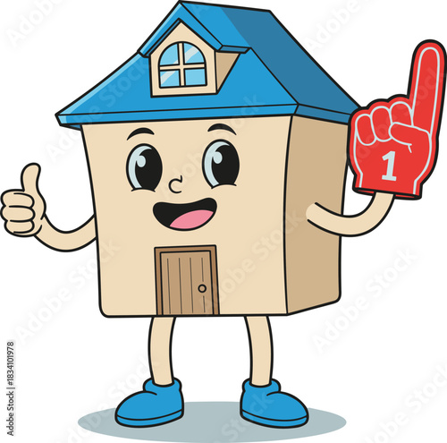 Cartoon house character with foam finger and thumbs-up, home mascot icon, flat style design, isolated on white background