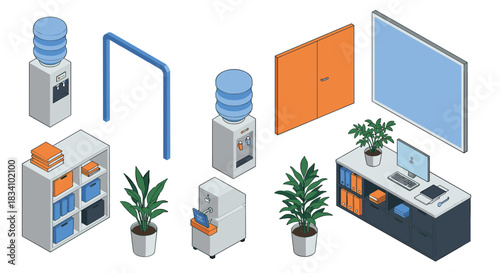 Modern office essentials: isometric workspace with water cooler, desk, and plants