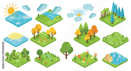 Isometric nature elements collection: landscapes with trees, clouds, and flowers