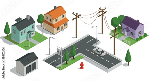 Isometric suburban neighborhood with houses, streets, and power lines