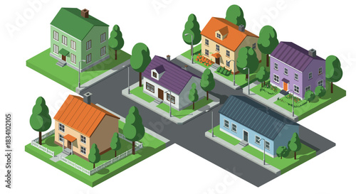 Colorful isometric neighborhood scene with houses and trees