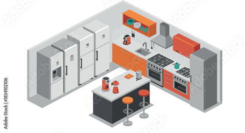 Modern isometric kitchen design with appliances and island bar in vibrant orange and gray