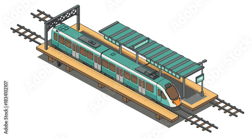 Isometric modern train station with passenger train on rails