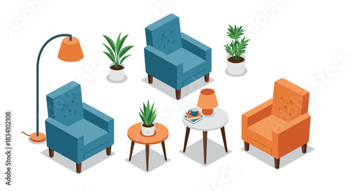 Cozy isometric living room setup with colorful armchairs and indoor plants