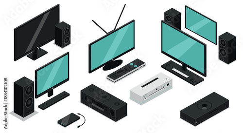 Isometric home entertainment system with tvs and speakers
