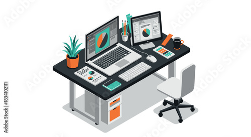 Modern isometric workspace with dual monitors and office supplies