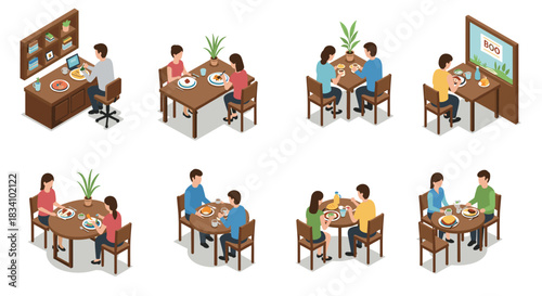 Isometric office and dining scenes with people interacting in various settings