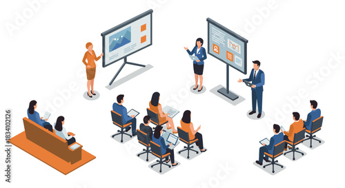 Isometric business training workshop with presentations and attentive audience