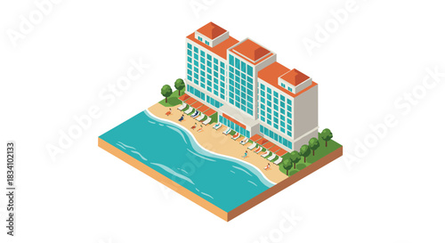 Isometric beachside resort with pool and palm trees