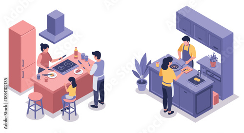 Isometric family cooking scenes: parents and children in modern kitchens