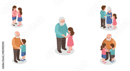 Isometric family generations: grandparents and children interaction set