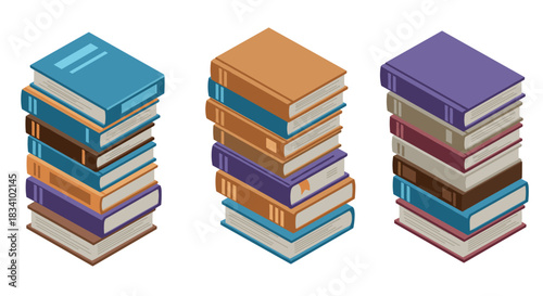Colorful stacks of books in isometric style on white background