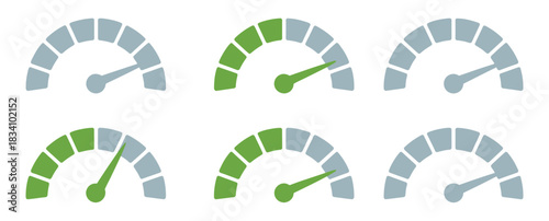 Speedometer gauge meter icon showing speed indicators, performance levels, and risk gauges suitable for infographic design, data visualization, dashboard interfaces, and vector illustrations