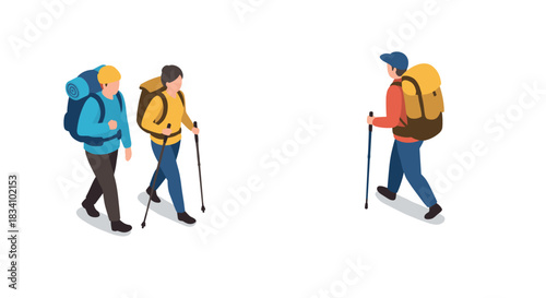 Isometric hikers with backpacks and walking sticks on white background