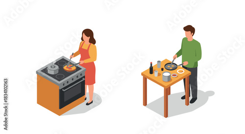 Isometric cooking scene with people preparing meals in kitchen setting