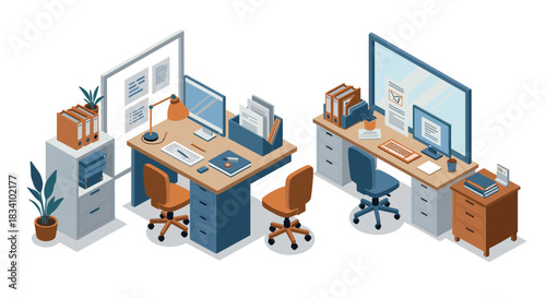 Modern office workspace: isometric design featuring desks, chairs, and computers in a collaborative environment