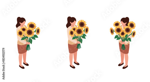 Woman holding sunflowers in isometric style