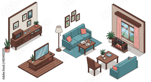 Cozy living room interior in isometric style with modern furniture and decor