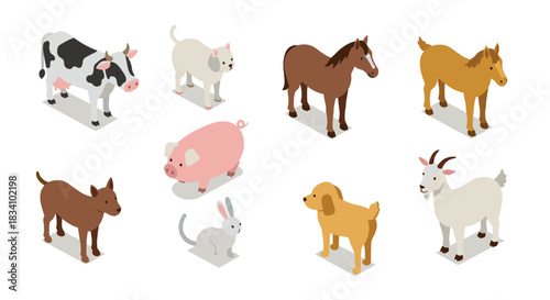 Isometric farm animals collection: cow, pig, horse, dog, cat, rabbit, goat