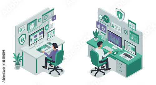 Isometric cybersecurity workspace with it professionals at dual monitors