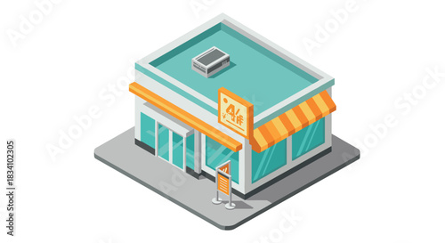 Isometric small storefront with orange striped awning and display sign