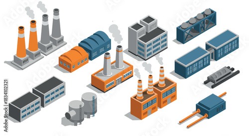 Industrial building set featuring isometric factories with chimneys and warehouses for manufacturing concepts