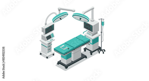 Isometric medical operating room with surgical equipment and monitors in a clean hospital environment