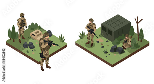 Isometric military scene with soldiers in camouflage on base