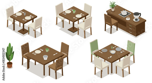 Isometric dining room setups with tables, chairs, and decor elements
