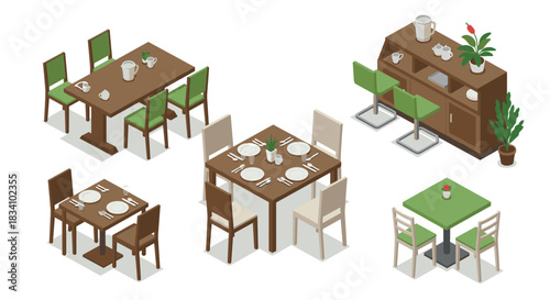 Modern dining room setups in isometric style with various table arrangements