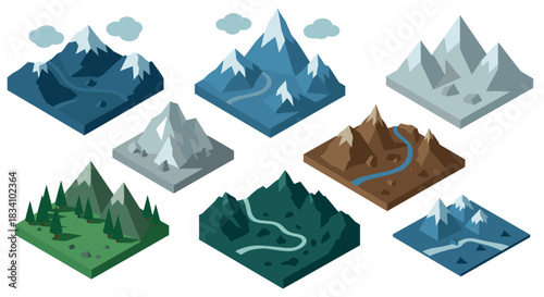 Isometric mountain landscapes with rivers and forests