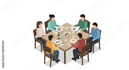 Isometric family dining scene with diverse group sharing a meal at home