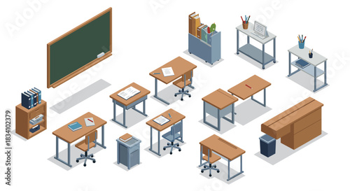 Isometric classroom furniture set with desks, chairs, and supplies in modern design