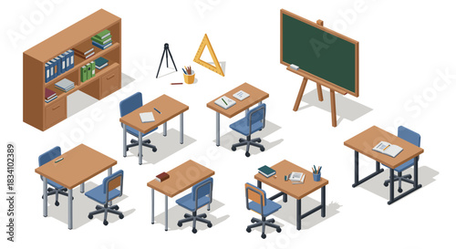 Isometric classroom setting with desks, chalkboard, and bookshelves