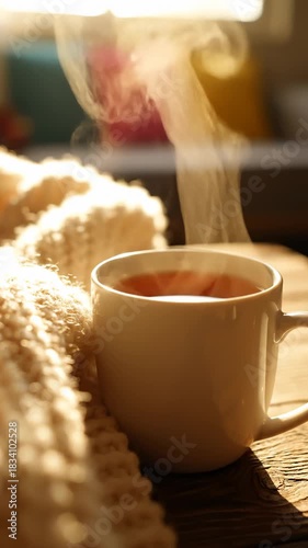 Steaming Cup of Tea or Coffee on Wooden Table With Knit Blanket in Sunlight