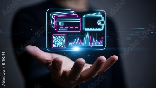 Digital Finance Management: Hand Holding Holographic Wallet, Cards, QR, and Data Display