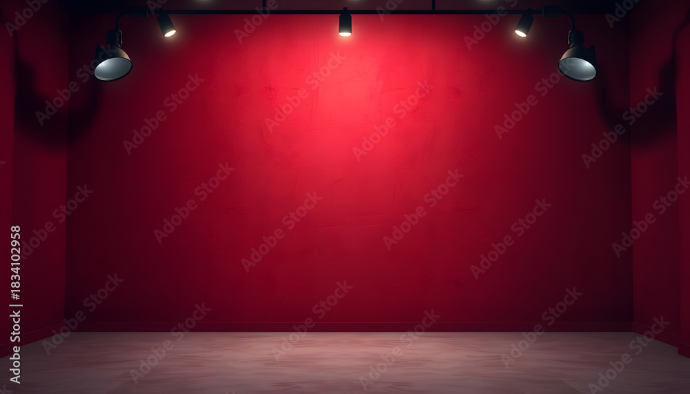 Obraz premium Empty burgundy plastered wall lit by dim ceiling lights, studio room to display your products. Background from floor and wall, enhance. White tone