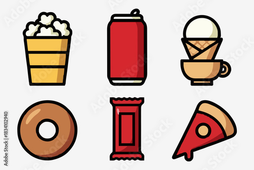 Delicious junk food treats icons popcorn, soda, ice cream, donut