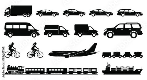 Diverse collection of transportation vehicles and modes in silhouette