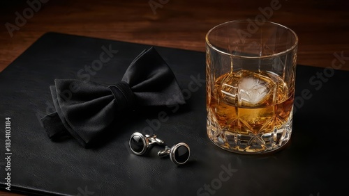 Elegant black tie accessories with a glass of whiskey on dark slate background, symbol of classy evening style and luxury.
