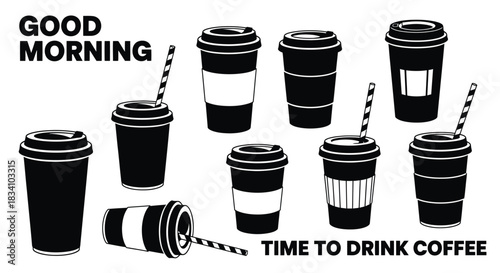 Collection of black and white coffee cups with straws, ready for a morning drink.